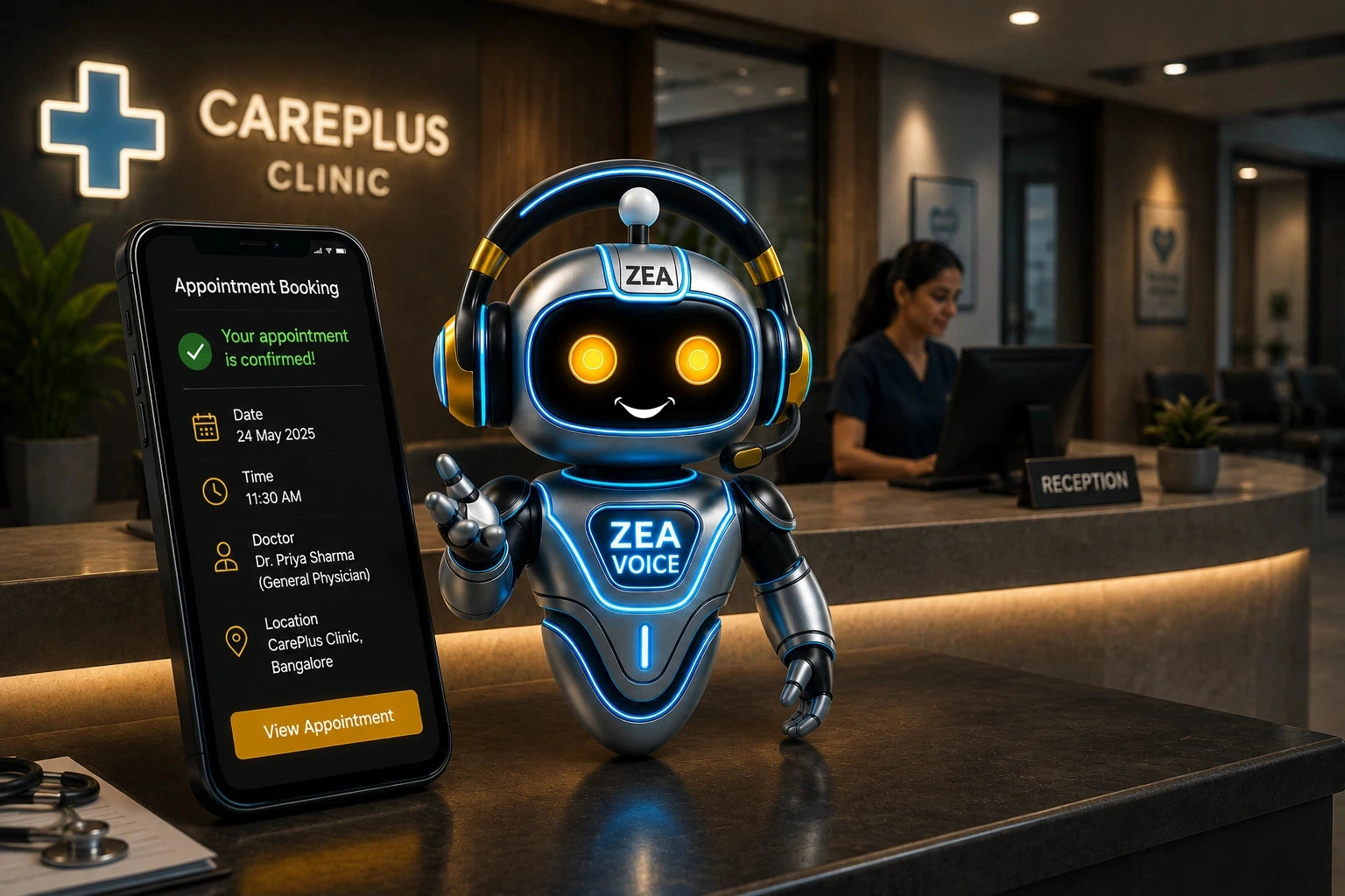 Futuristic Clinic Reception with Robot Assistant