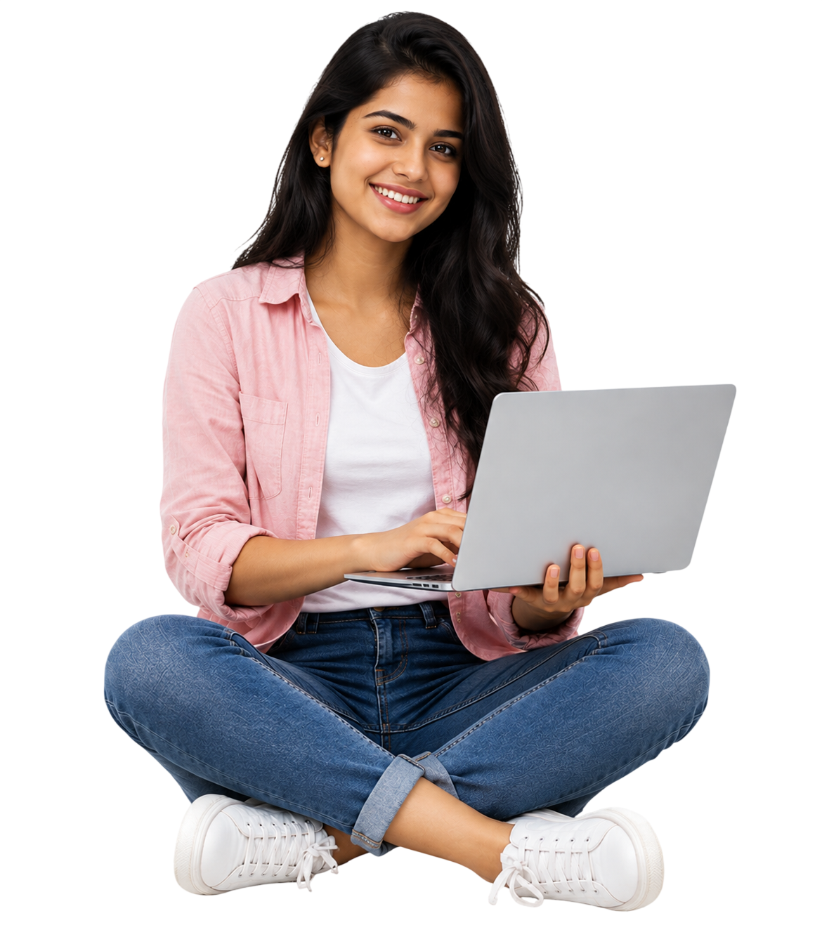 Young woman sitting cross-legged and using a laptop.