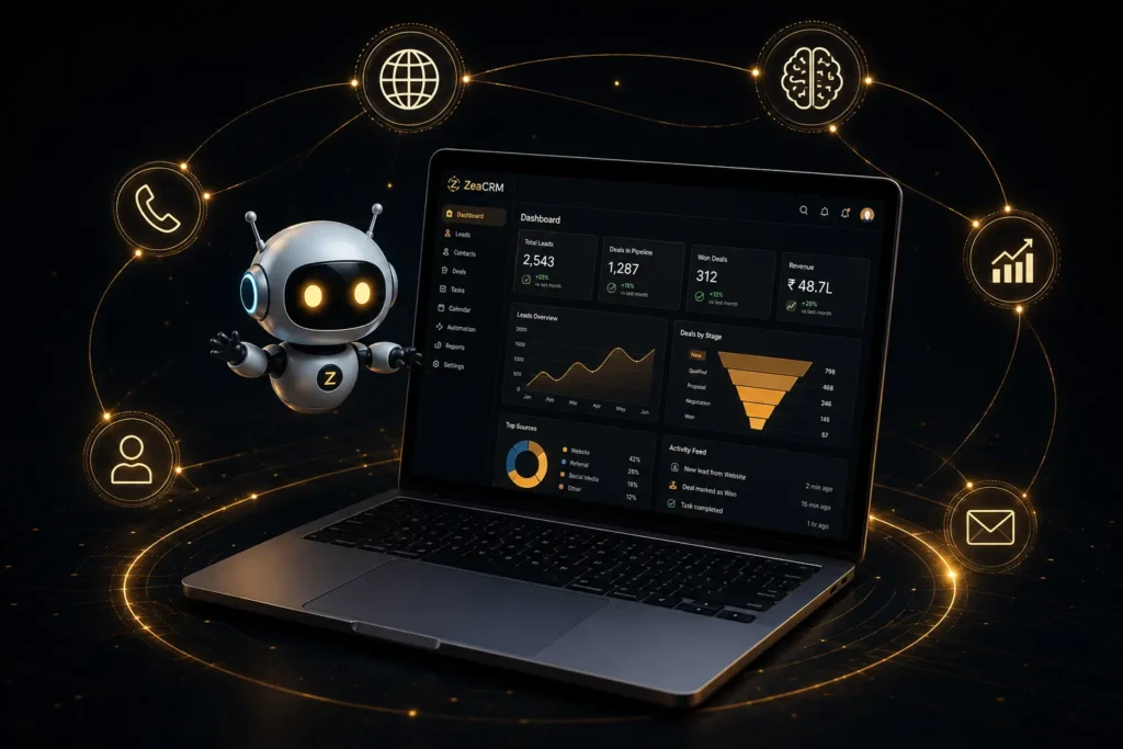 Futuristic CRM Dashboard with Robot Assistant